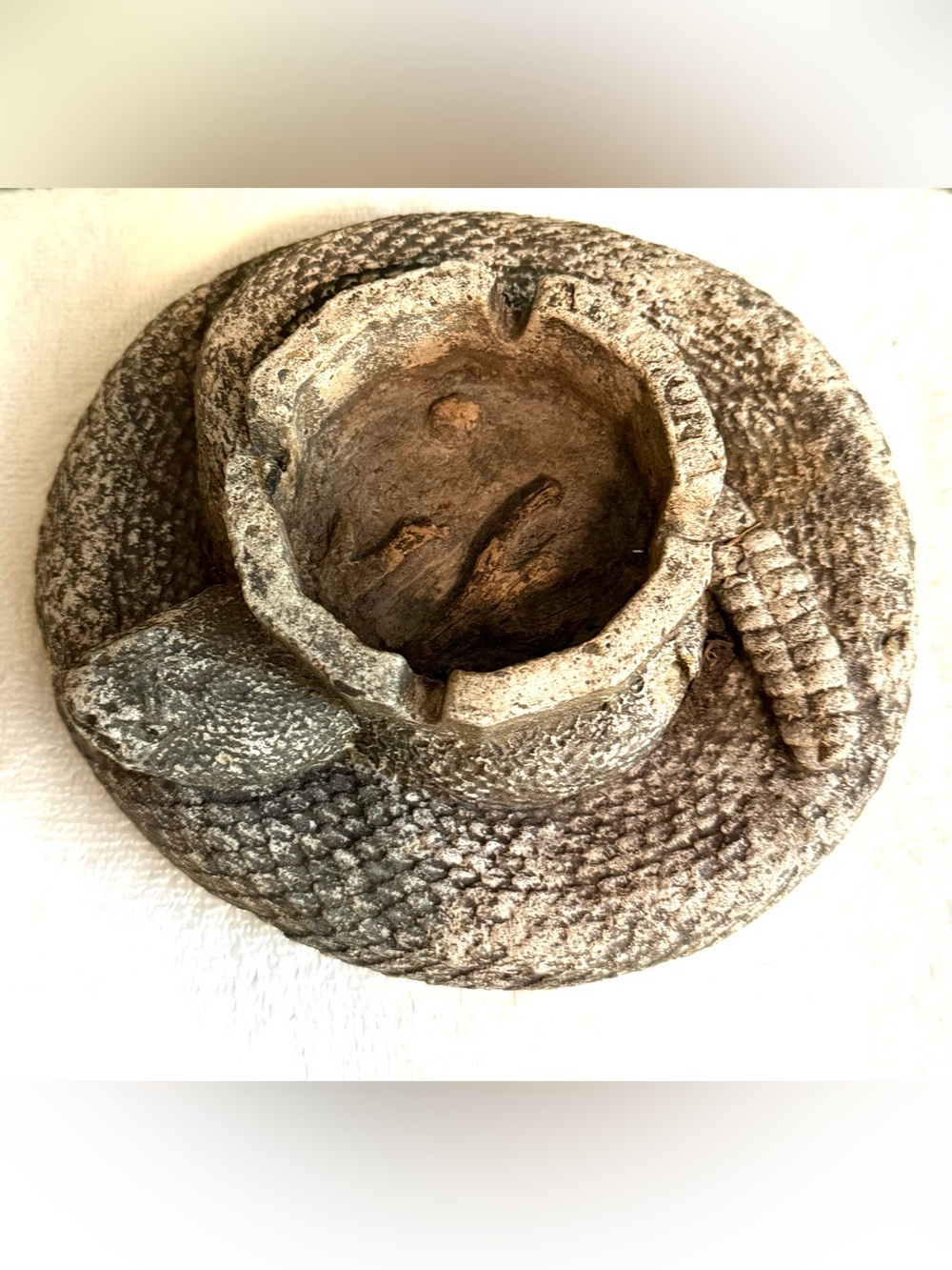 Rare Vintage Arizona cast concrete/stone ashtray featuring a coiled rattlesnake.